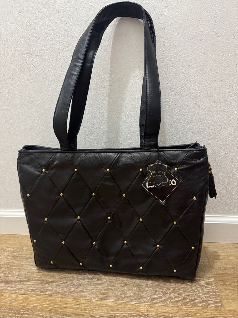 Vintage Genuine Leather Quilted Black Tote Bag with Gold Studs Lorenzo